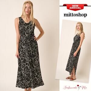 Mittoshop Side Slit Flower Print V-Neck Side Slit Sleeveless Maxi Dress | Black